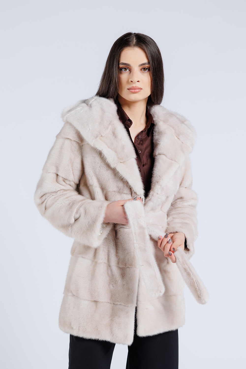 Natural Mink Fur Coat With Cobra Hood And Drawstring, Women, Silver Blue