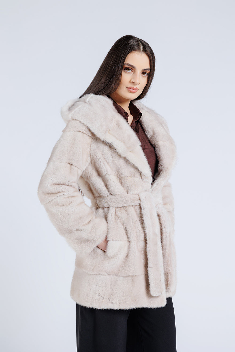 Natural Mink Fur Coat With Cobra Hood And Drawstring, Women, Silver Blue