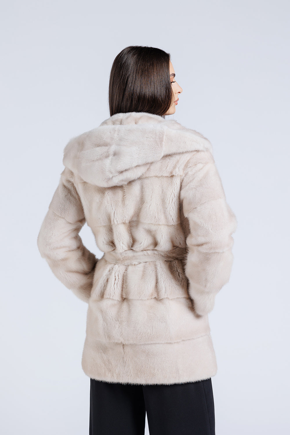 Natural Mink Fur Coat With Cobra Hood And Drawstring, Women, Silver Blue