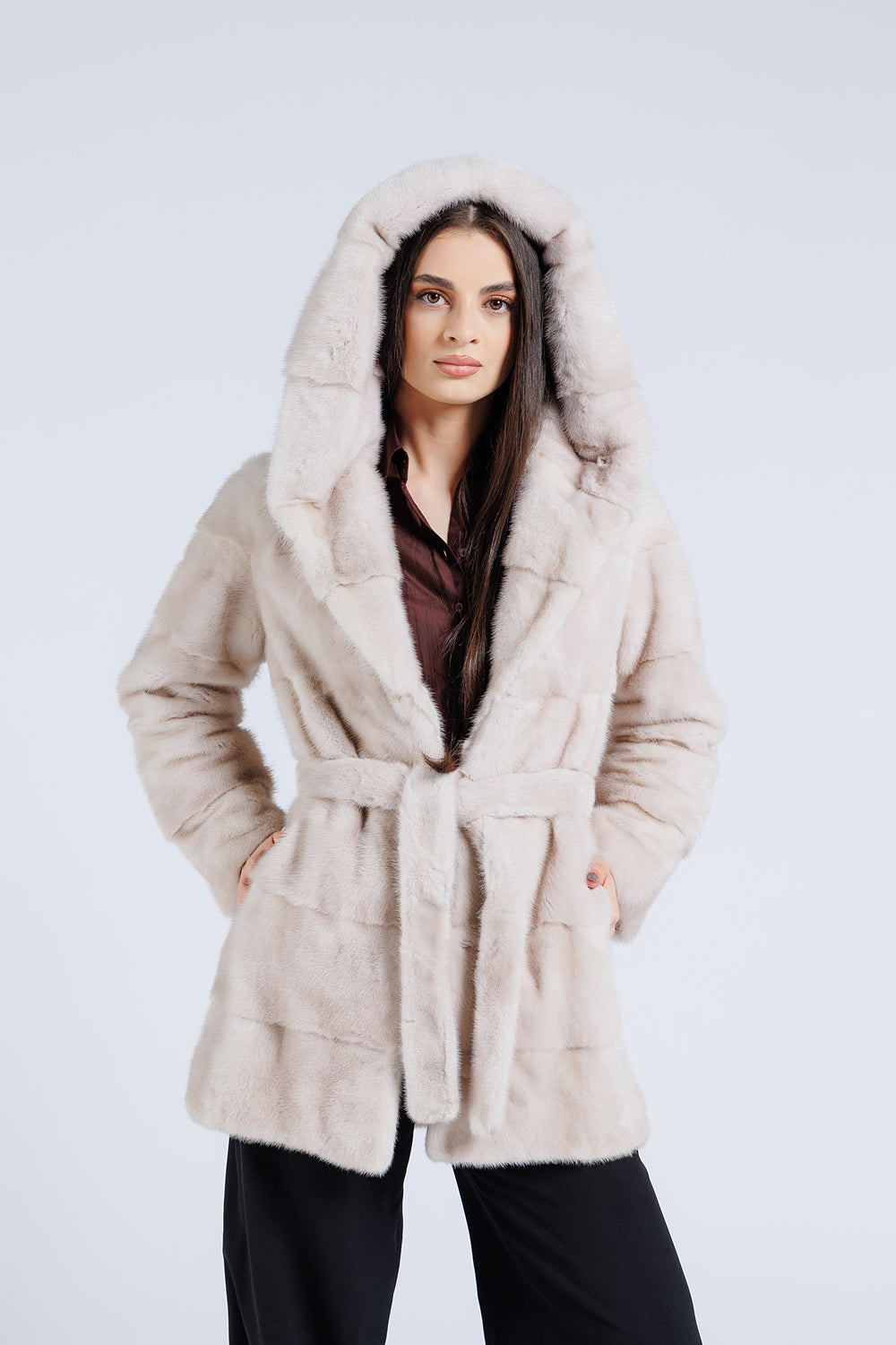 Natural Mink Fur Coat With Cobra Hood And Drawstring, Women, Silver Blue