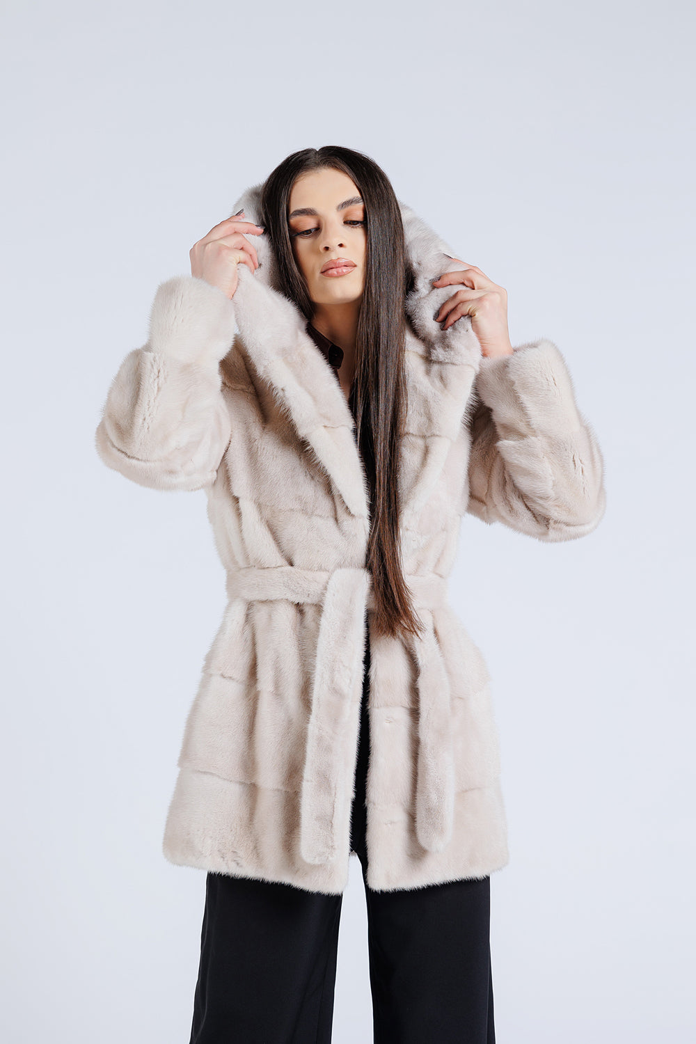 Natural Mink Fur Coat With Cobra Hood And Drawstring, Women, Silver Blue