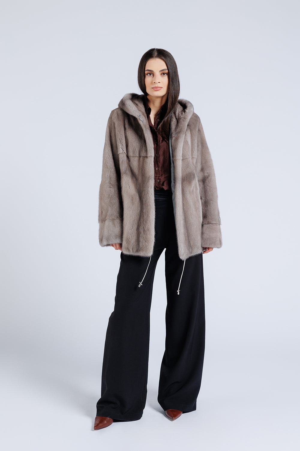 Women's Natural Mink Fur Coat with Hood, Silver Blue 206