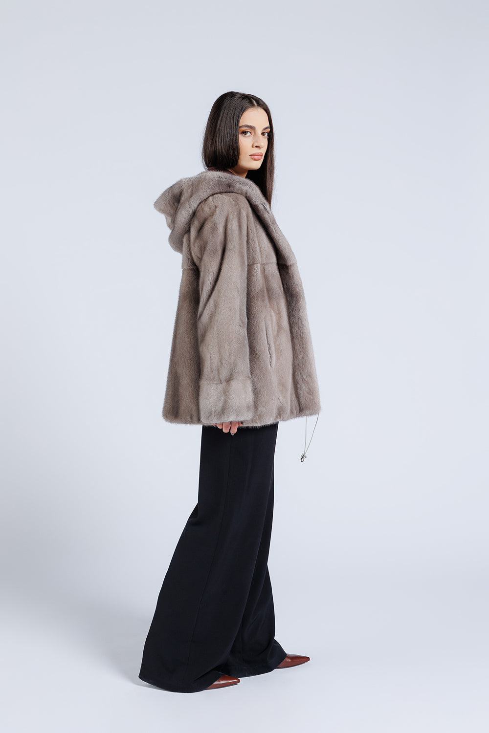 Women's Natural Mink Fur Coat with Hood, Silver Blue 206