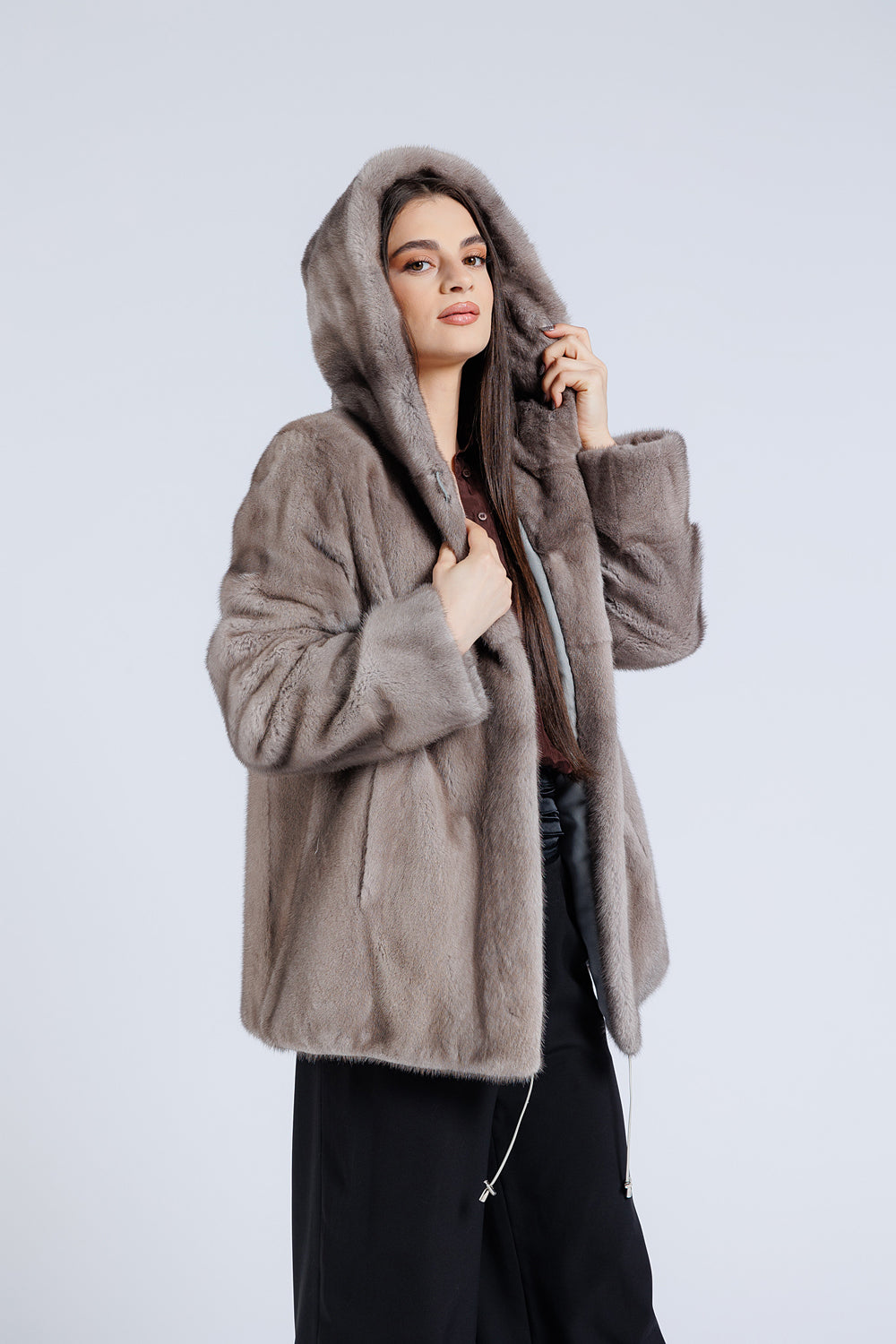 Women's Natural Mink Fur Coat with Hood, Silver Blue 206