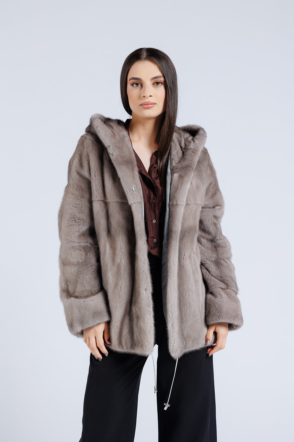 Women's Natural Mink Fur Coat with Hood, Silver Blue 206
