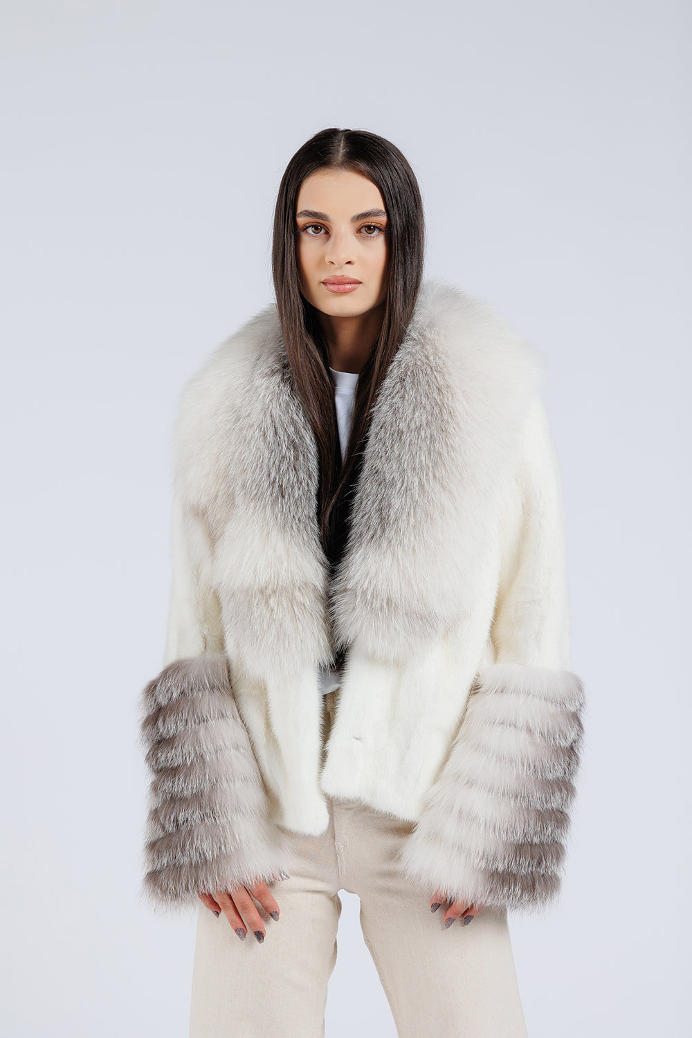 Women's Natural Mink Fur Coat with Fox Fur Collar and Cuffs, Imperial White 207