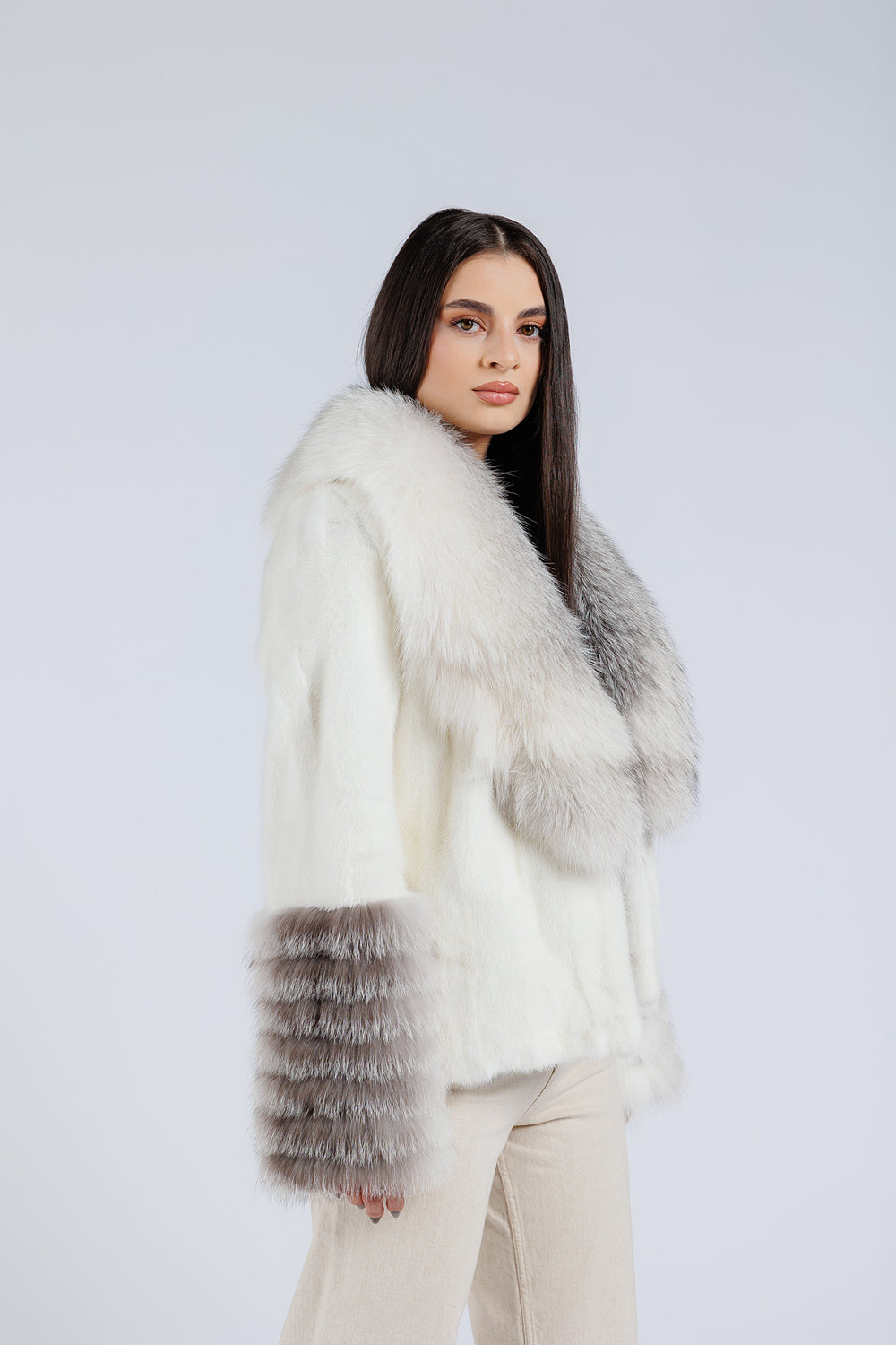 Women's Natural Mink Fur Coat with Fox Fur Collar and Cuffs, Imperial White 207