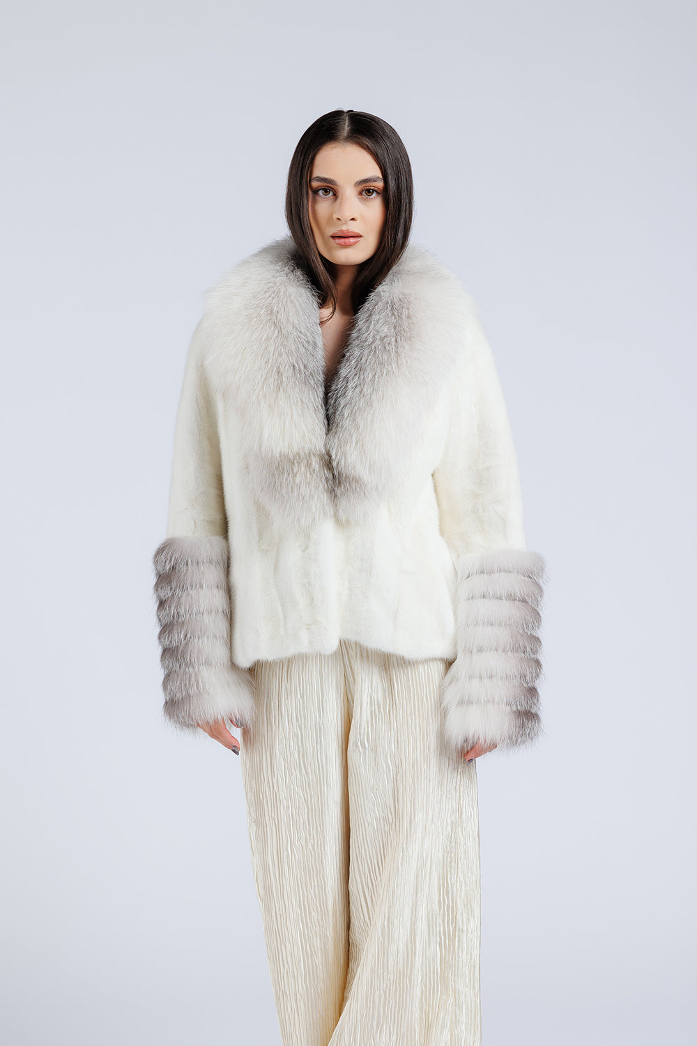 Women's Natural Mink Fur Coat with Fox Fur Collar and Cuffs, Imperial White 207