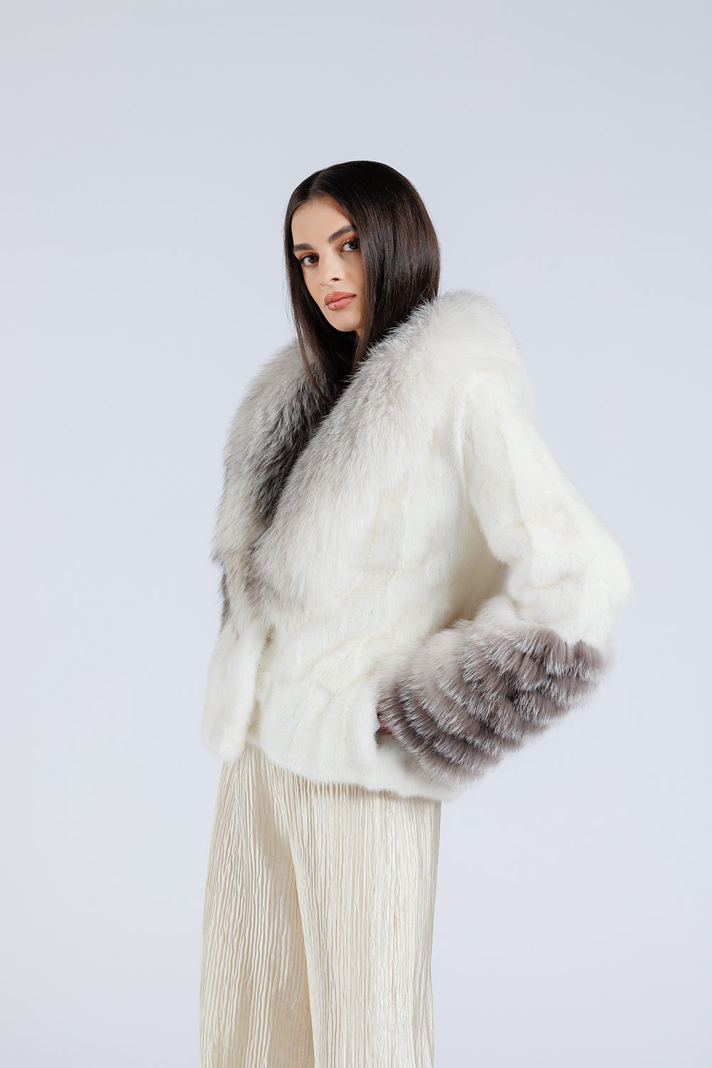 Women's Natural Mink Fur Coat with Fox Fur Collar and Cuffs, Imperial White 207