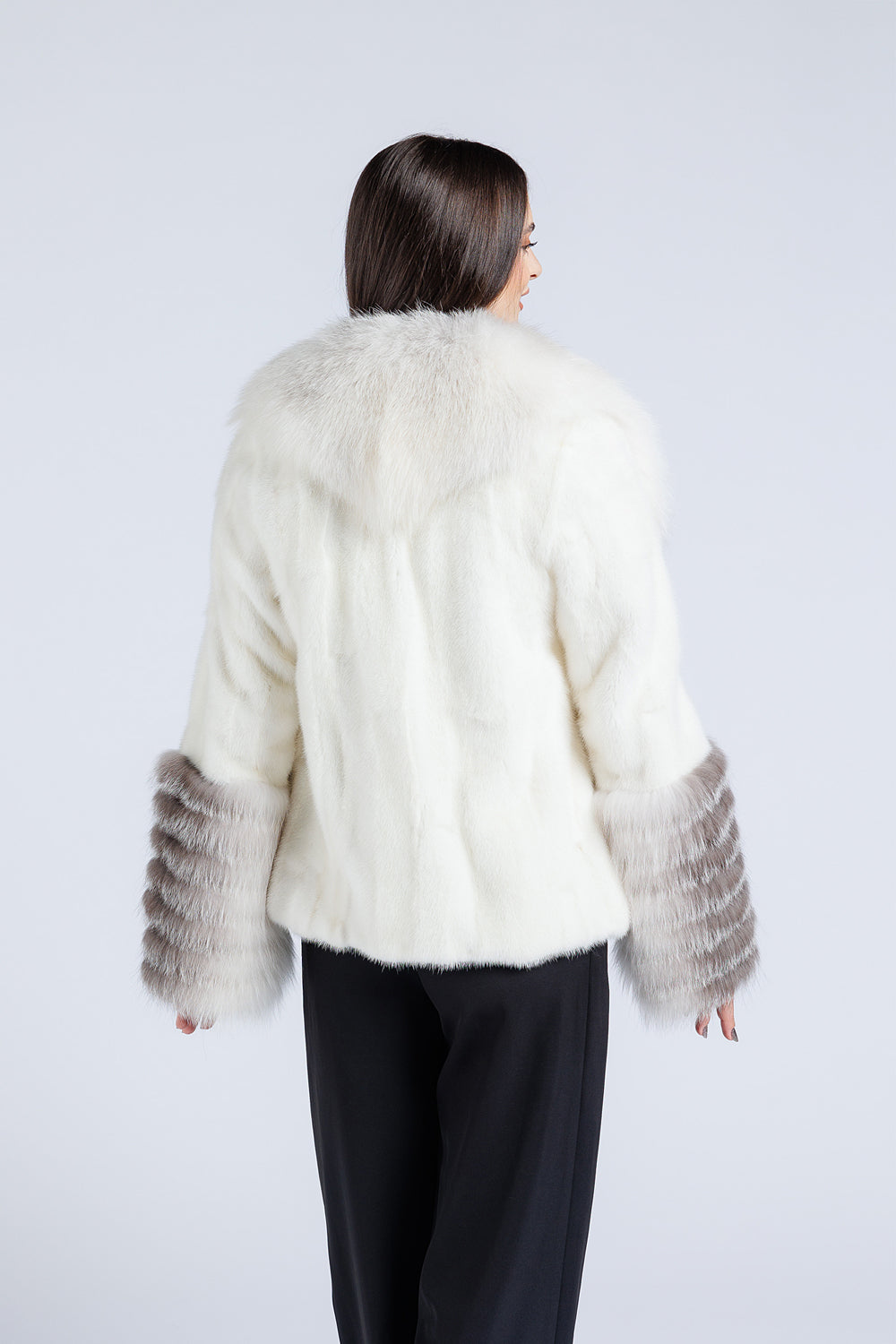 Women's Natural Mink Fur Coat with Fox Fur Collar and Cuffs, Imperial White 207
