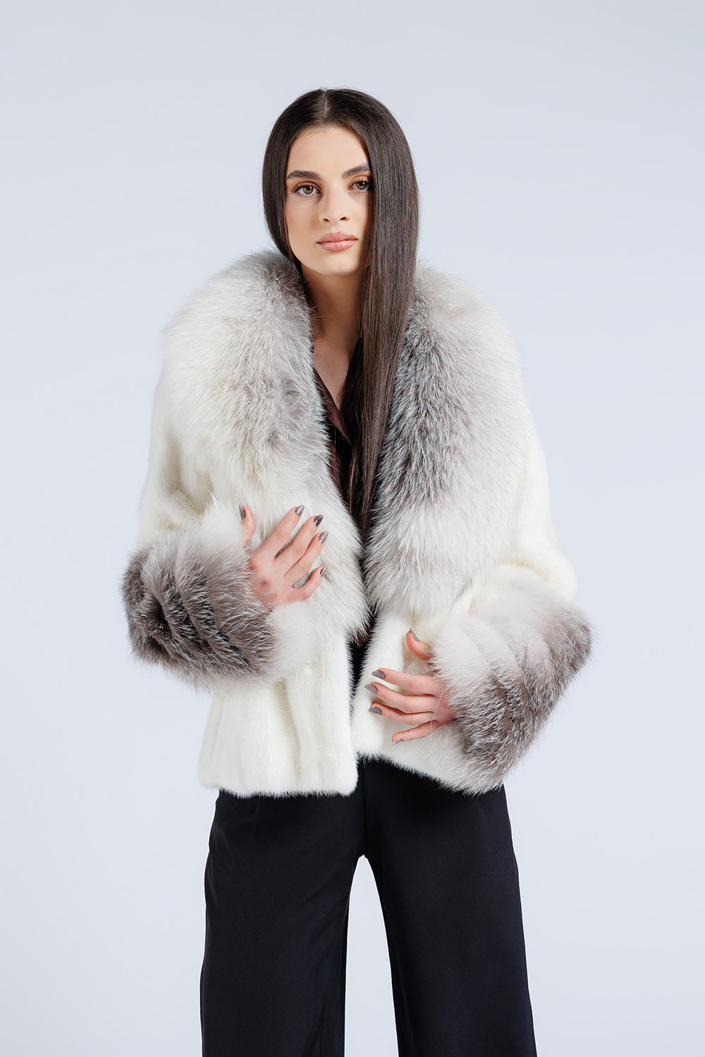 Women's Natural Mink Fur Coat with Fox Fur Collar and Cuffs, Imperial White 207