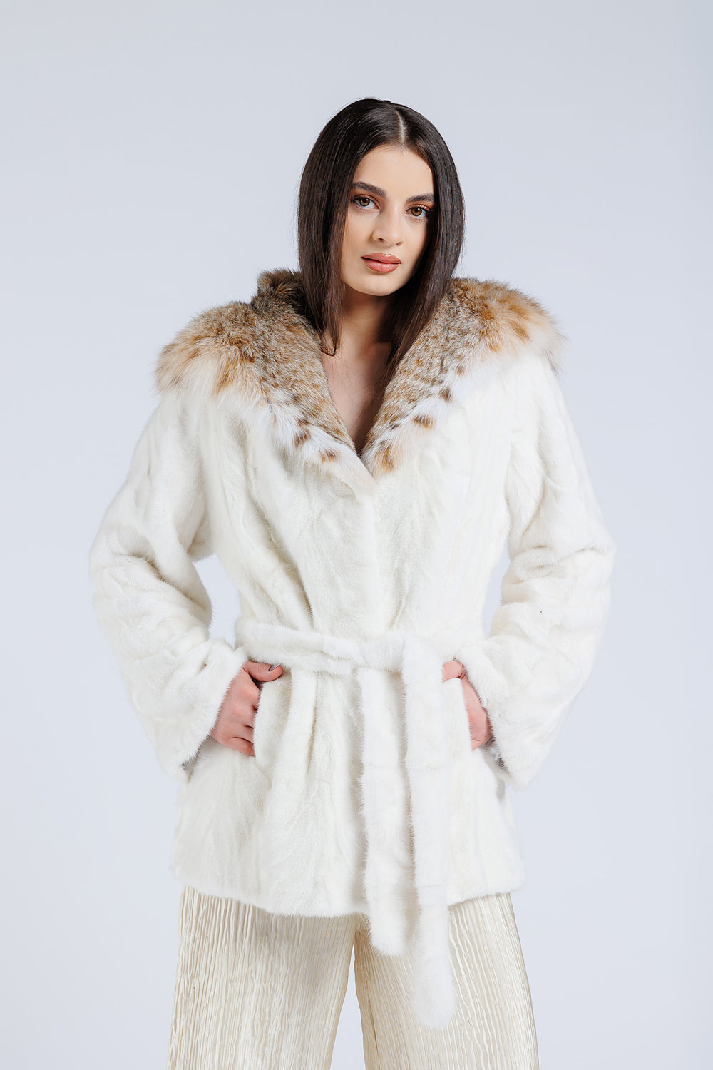 Haină din Blană Naturală de Vizon, din Bucăți, cu Glugă din Blană Naturală de Lynx, Cordon din Blană, Femei, Pearl 208