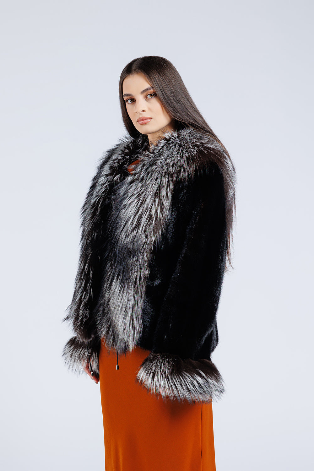 Haină din Blană Naturală de Vizon și Vulpe, cu Guler și Manșete, Femei, Diamond și Silver Grey 183