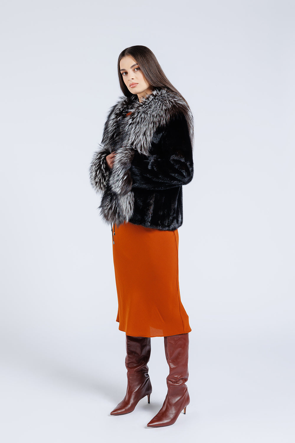 Haină din Blană Naturală de Vizon și Vulpe, cu Guler și Manșete, Femei, Diamond și Silver Grey 183