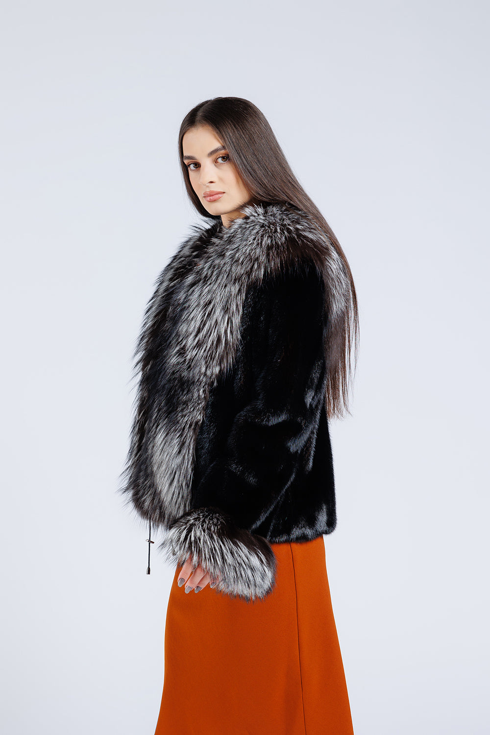Haină din Blană Naturală de Vizon și Vulpe, cu Guler și Manșete, Femei, Diamond și Silver Grey 183