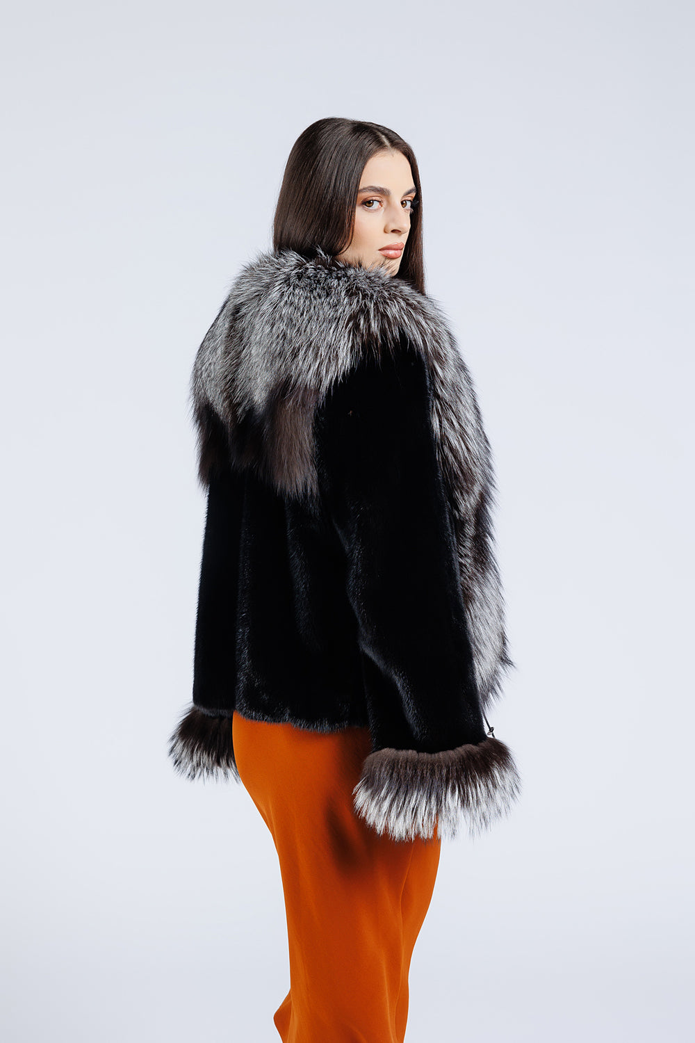 Haină din Blană Naturală de Vizon și Vulpe, cu Guler și Manșete, Femei, Diamond și Silver Grey 183
