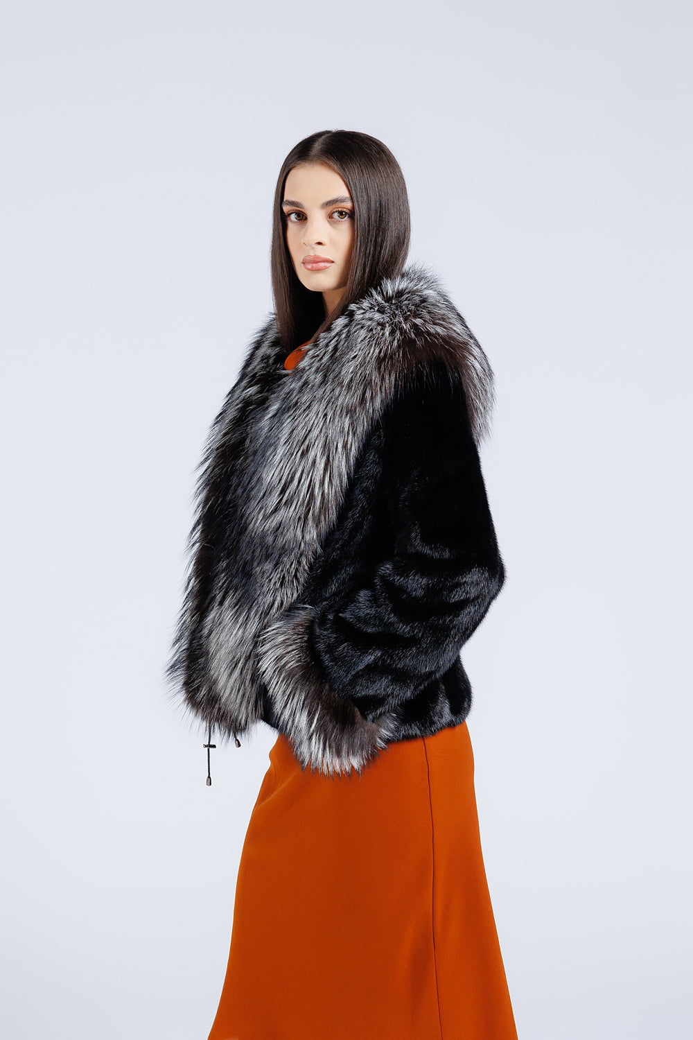 Haină din Blană Naturală de Vizon și Vulpe, cu Guler și Manșete, Femei, Diamond și Silver Grey 183