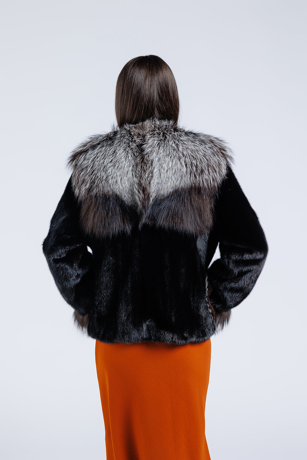 Haină din Blană Naturală de Vizon și Vulpe, cu Guler și Manșete, Femei, Diamond și Silver Grey 183