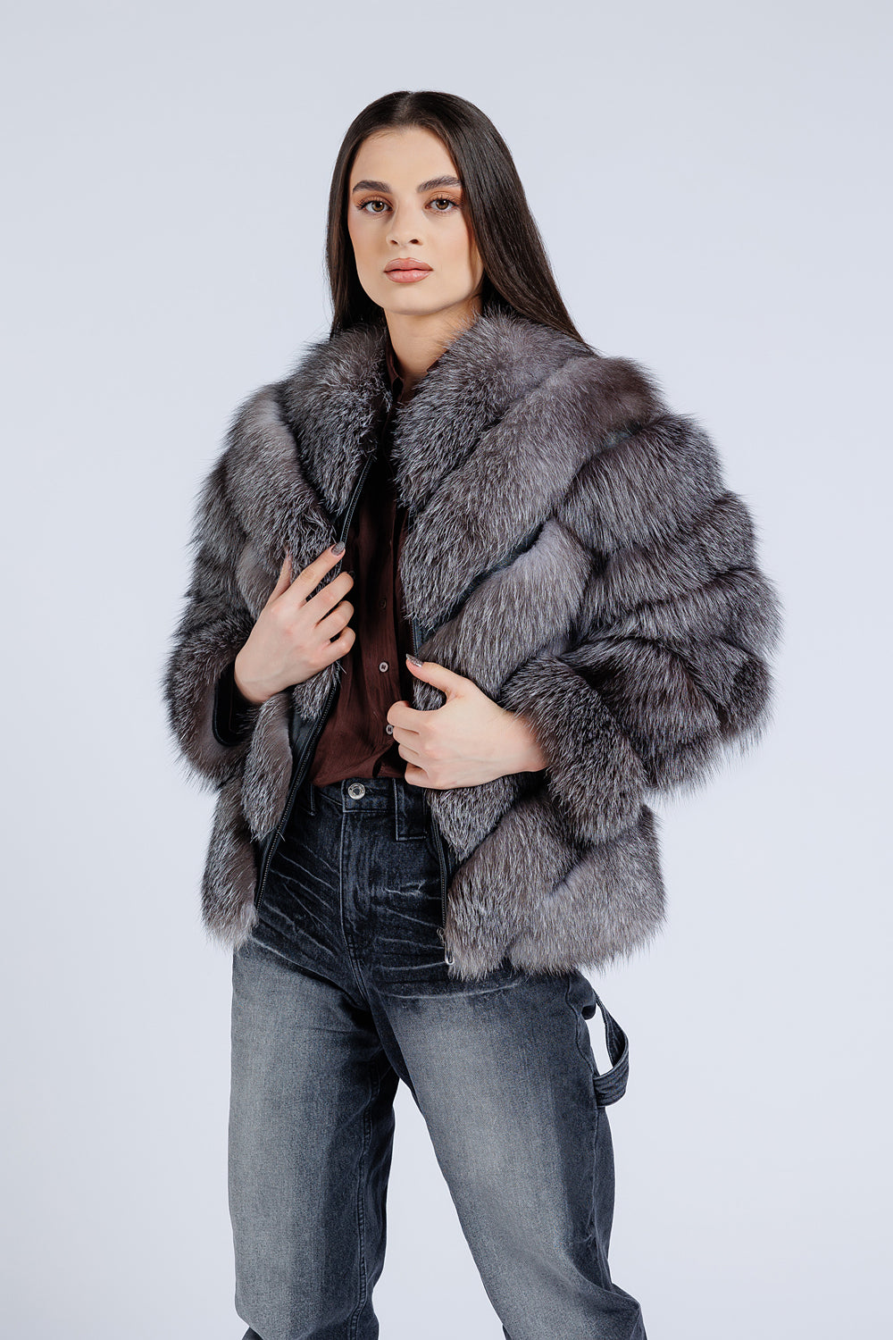 Natural Silver Fox Fur Coat, V Model, Women, Gray Frost