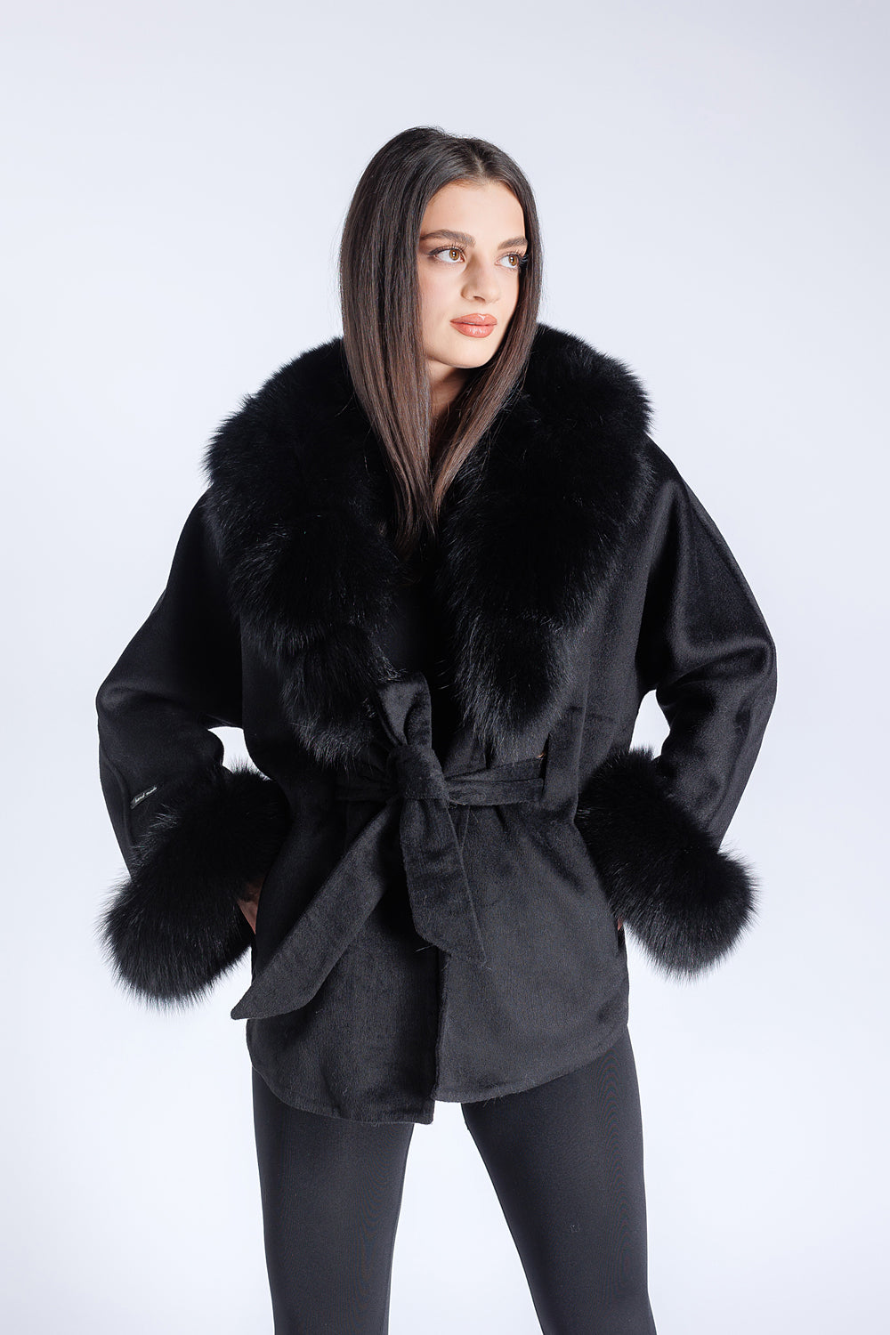 Alpaca Wool and Natural Fox Fur Coat, Oversized model, Women, Diamond 296