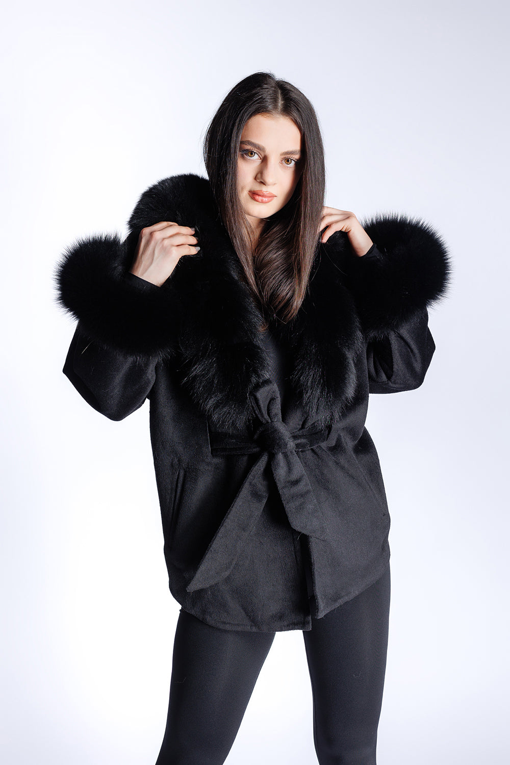 Alpaca Wool and Natural Fox Fur Coat, Oversized model, Women, Diamond 296