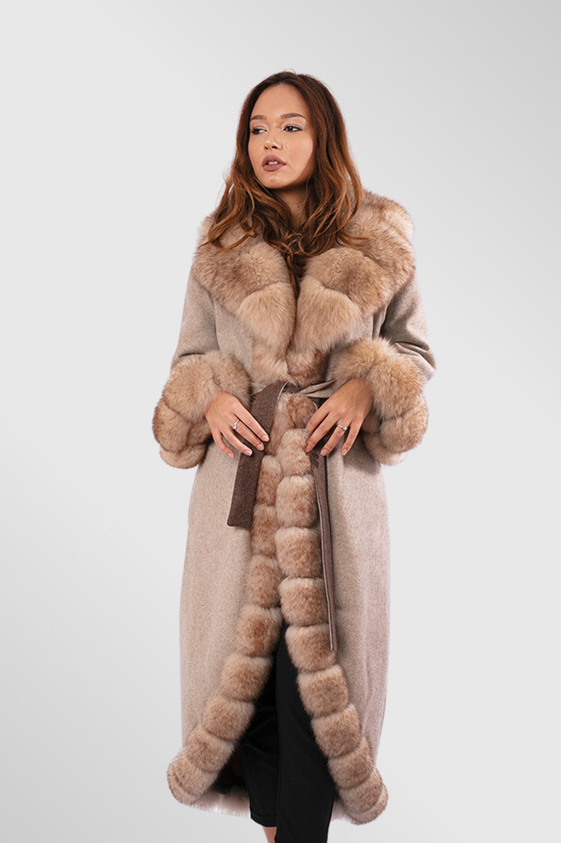 Palton din Lână Alpaca și Blană de Vulpe, Femei, Taupe 291
