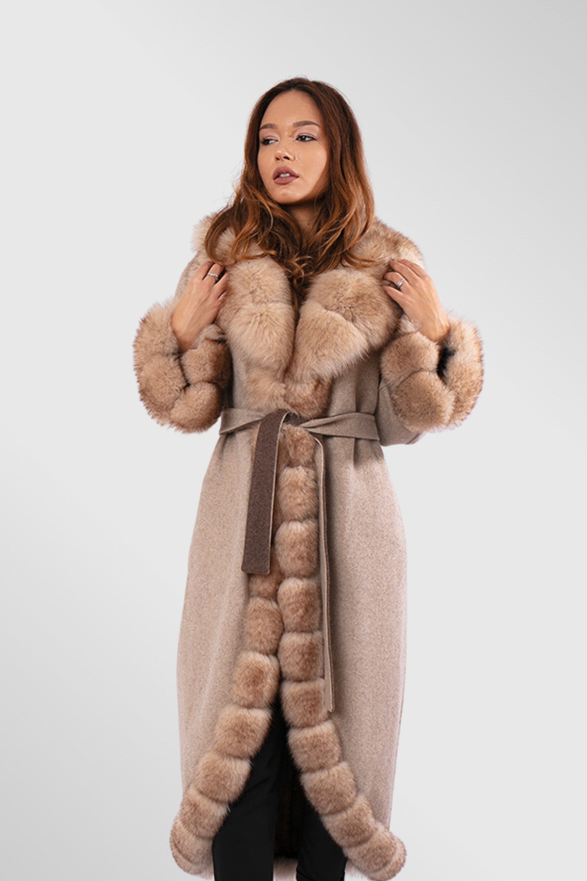 Palton din Lână Alpaca și Blană de Vulpe, Femei, Taupe 291