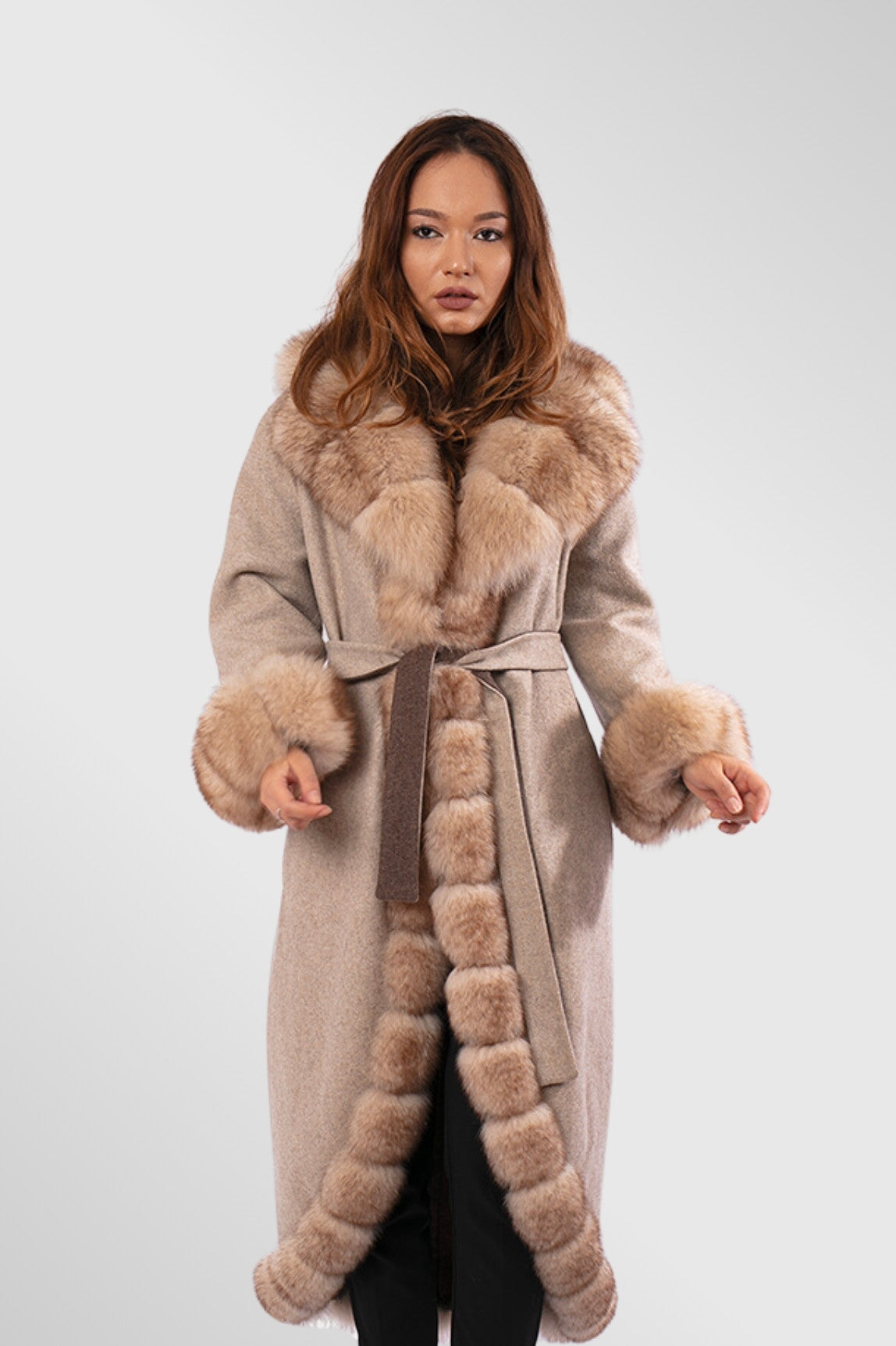 Palton din Lână Alpaca și Blană de Vulpe, Femei, Taupe 291