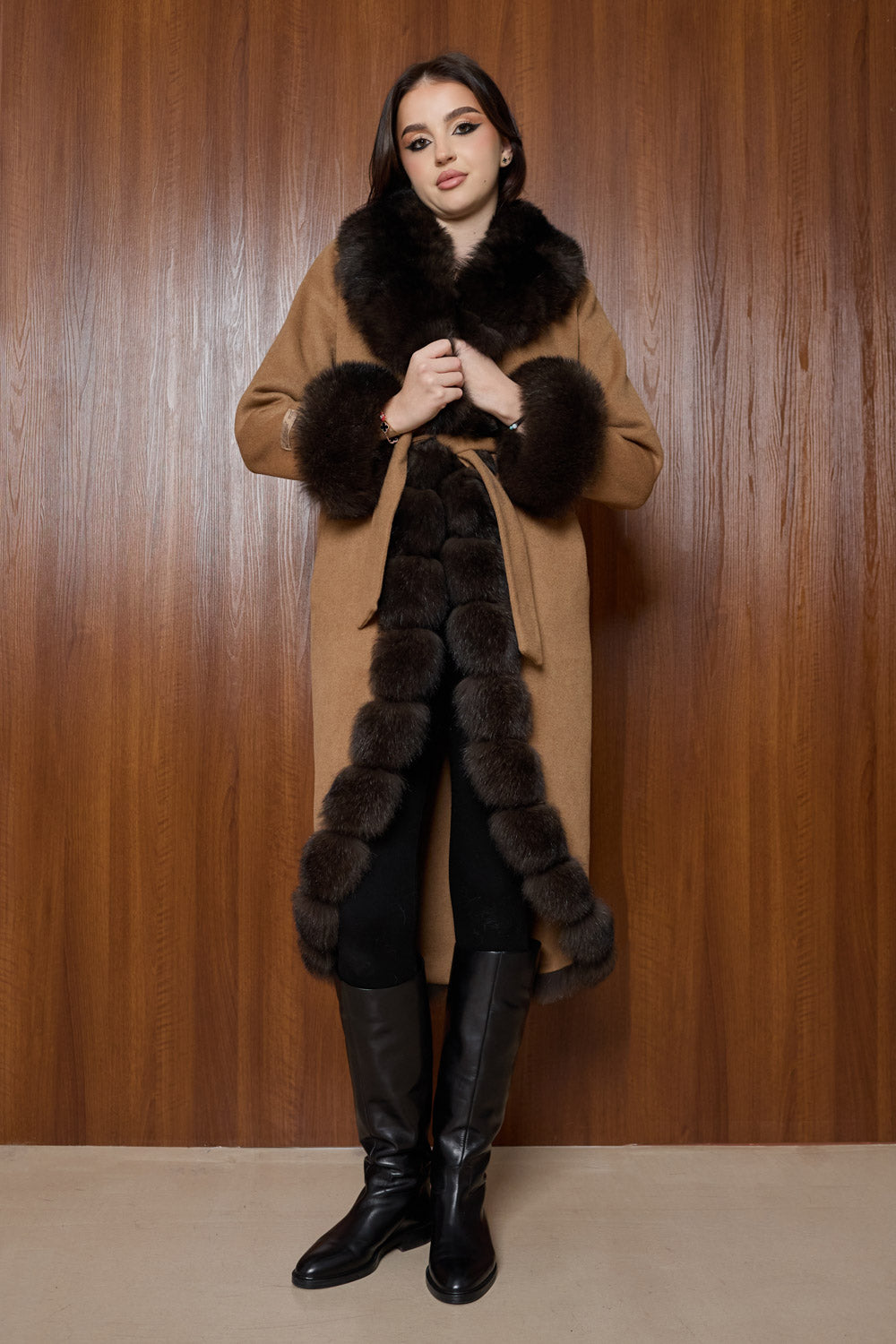 Palton din Lână Alpaca și Blană Naturală de Vulpe, cu Cordon, Femei, Bronze 350