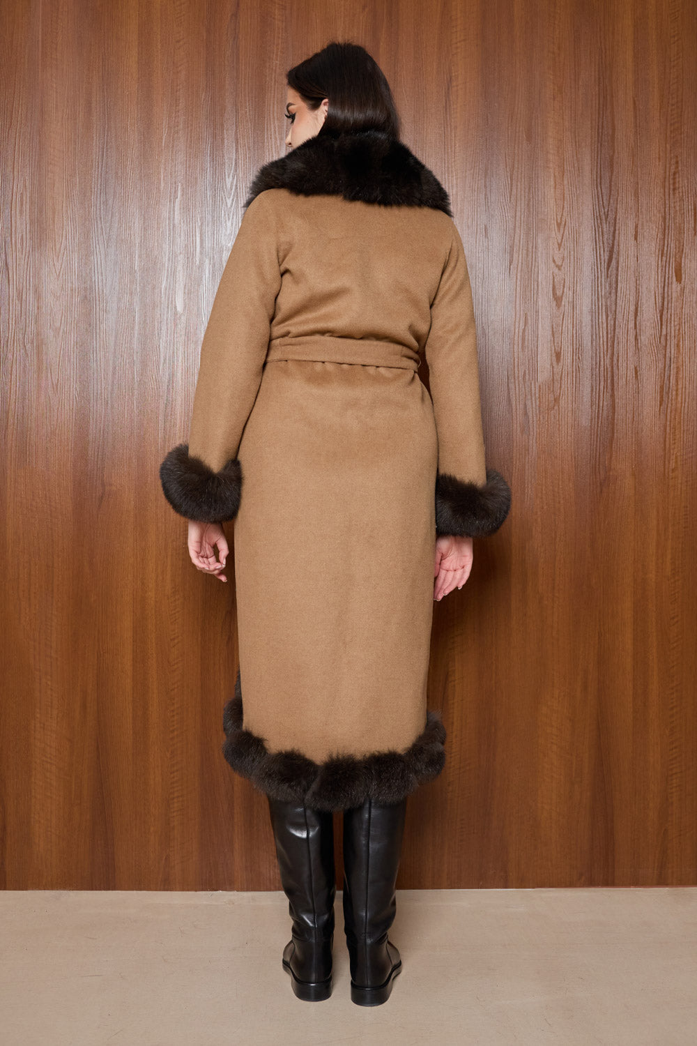 Palton din Lână Alpaca și Blană Naturală de Vulpe, cu Cordon, Femei, Bronze 350