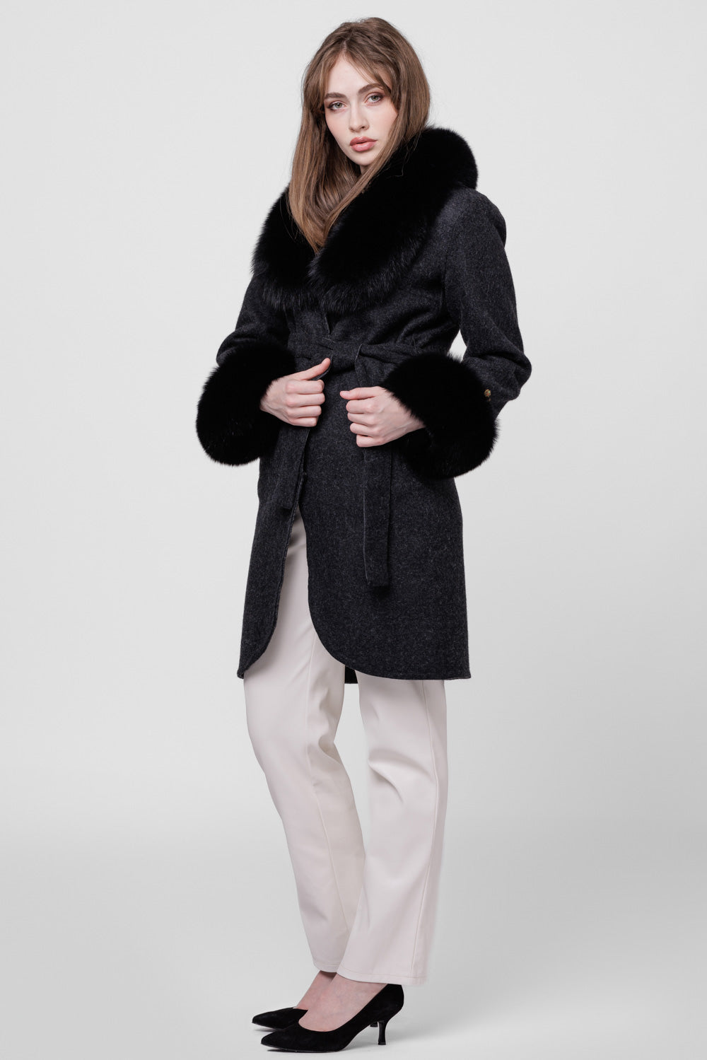 Alpaca Wool and Natural Fox Fur Coat, Women, Sable 295