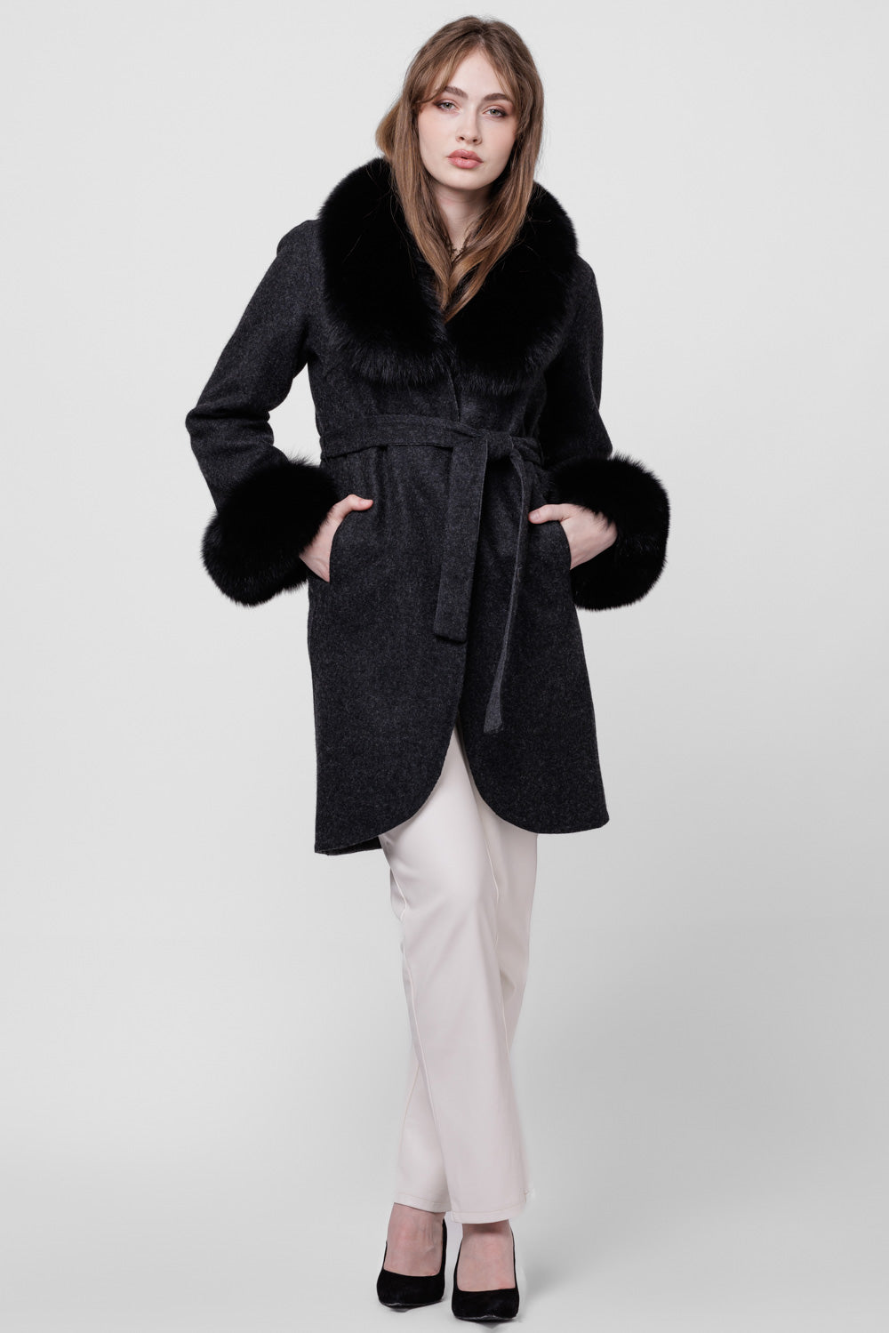 Alpaca Wool and Natural Fox Fur Coat, Women, Sable 295