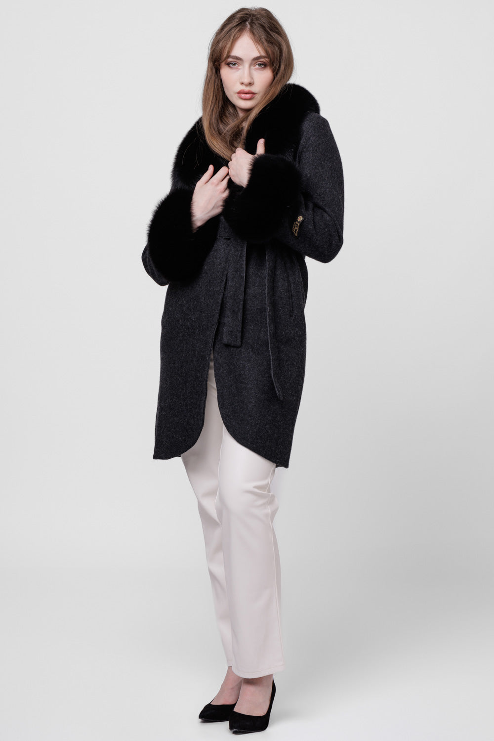 Alpaca Wool and Natural Fox Fur Coat, Women, Sable 295