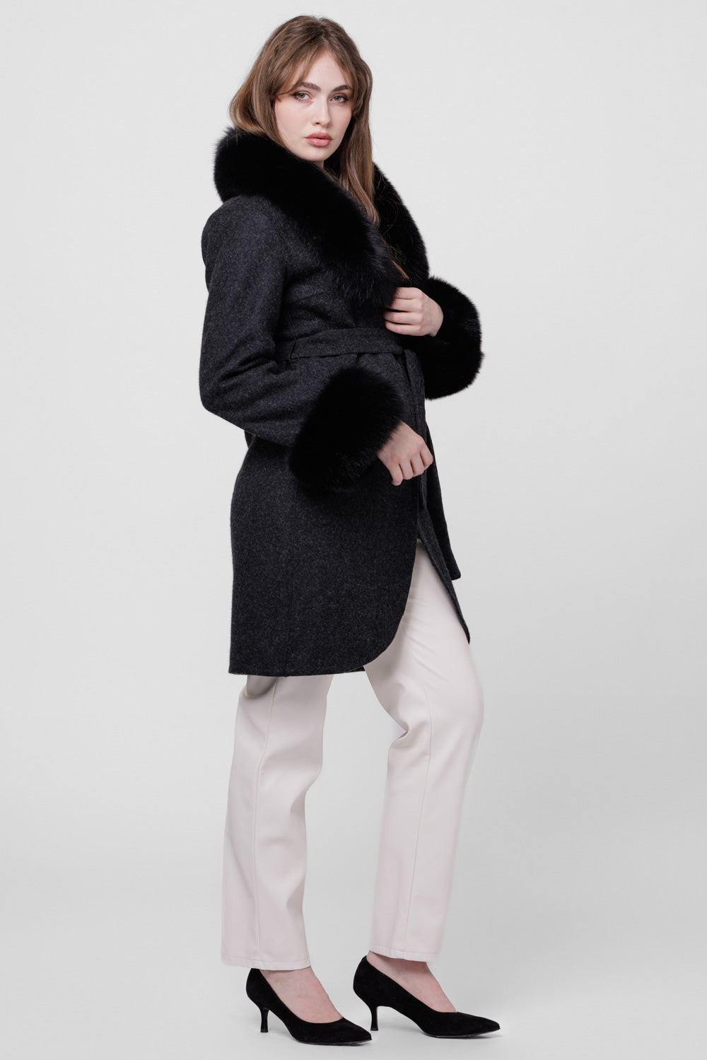 Alpaca Wool and Natural Fox Fur Coat, Women, Sable 295
