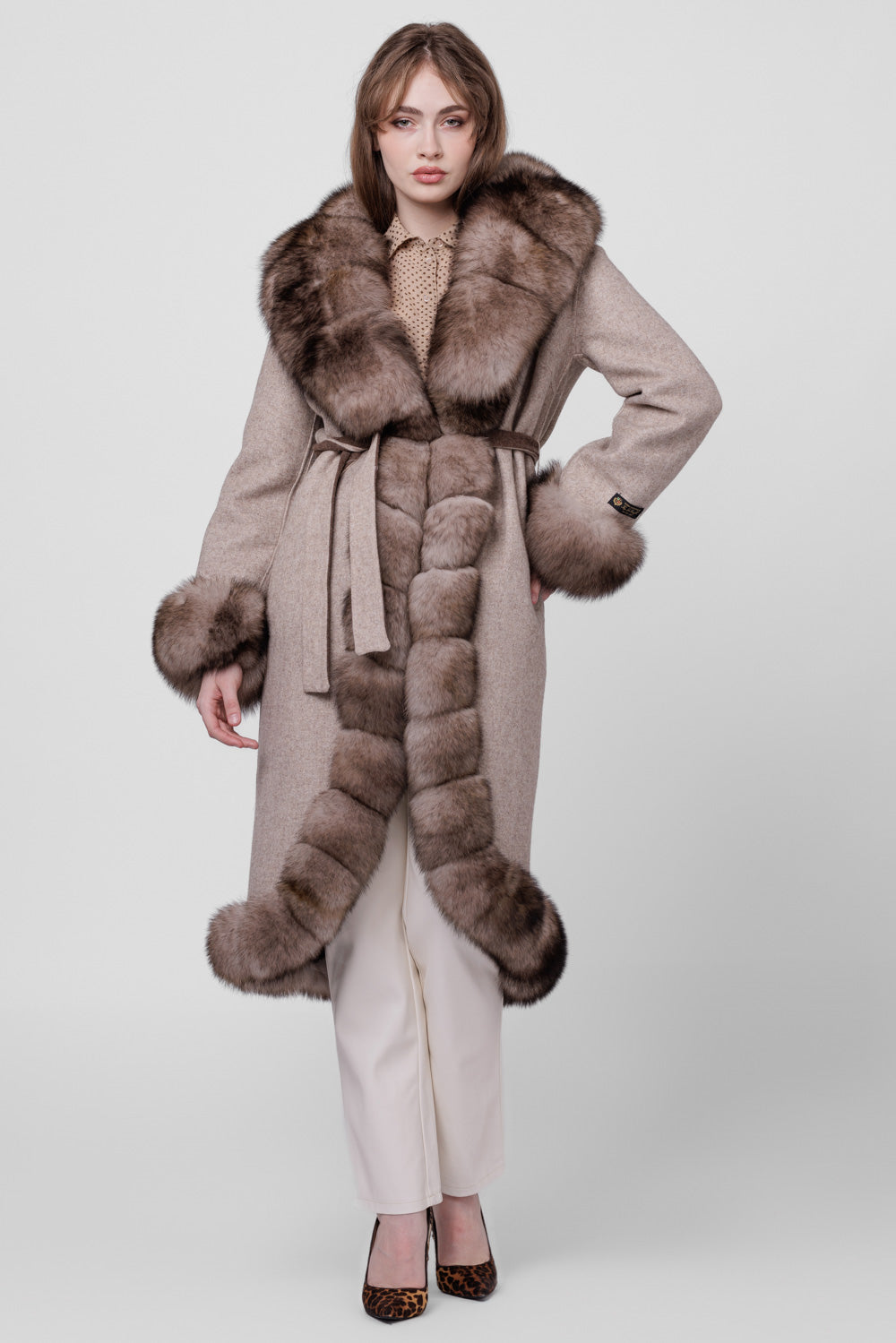Alpaca Wool and Natural Fox Fur Coat, Women, Ivory 294