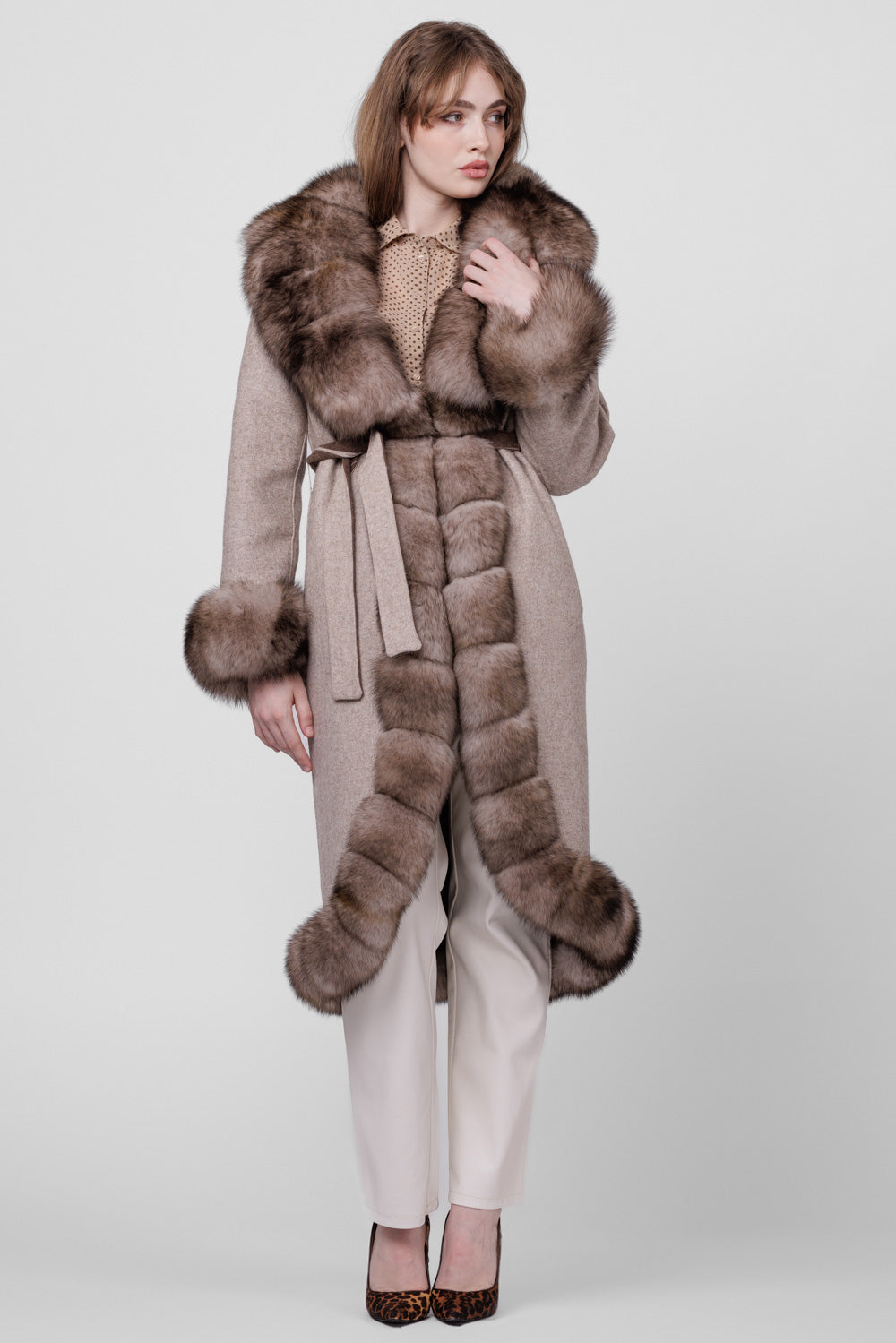 Alpaca Wool and Natural Fox Fur Coat, Women, Ivory 294