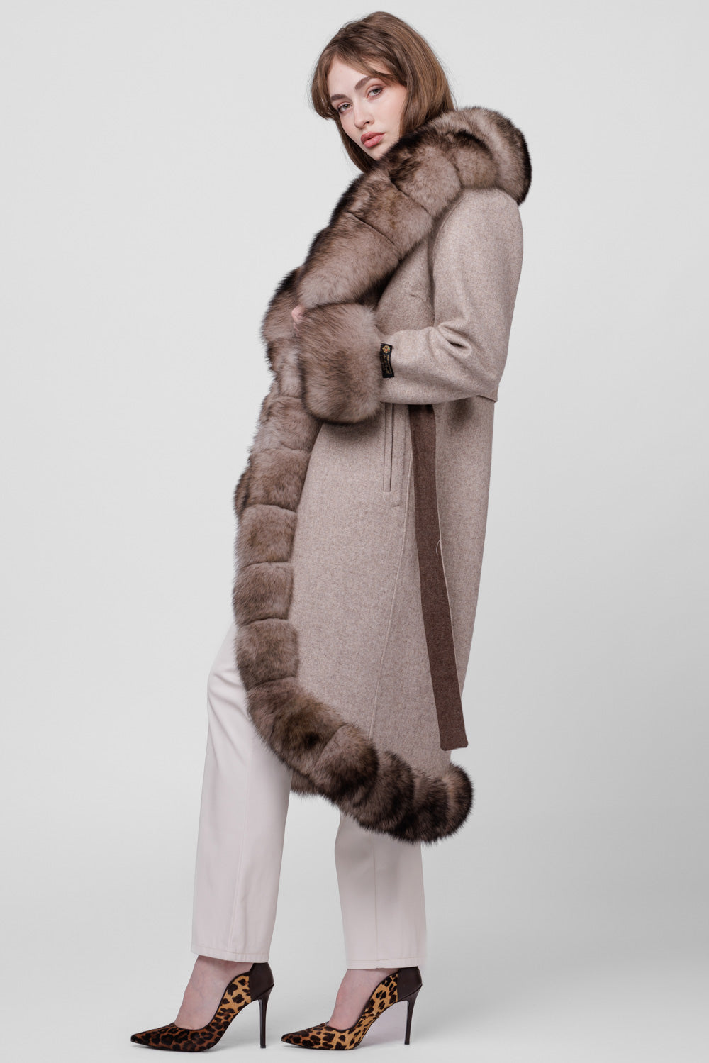 Alpaca Wool and Natural Fox Fur Coat, Women, Ivory 294