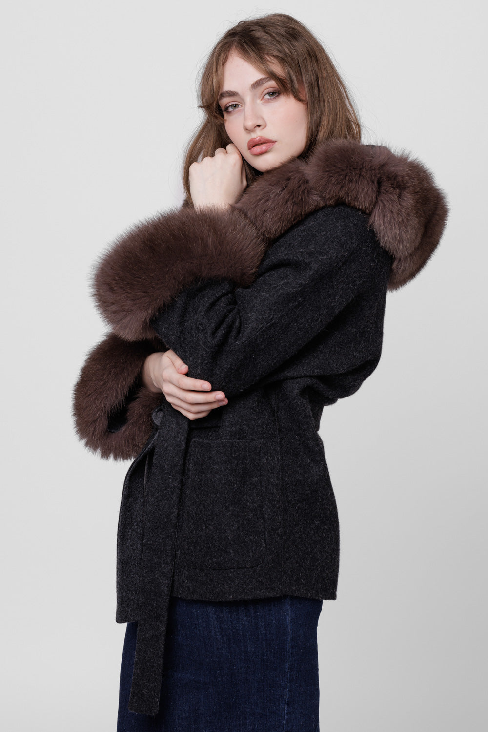 Palton din Lână Alpaca și Blană Naturală din Vulpe, cu Glugă, model Oversized, Femei, Sable 292