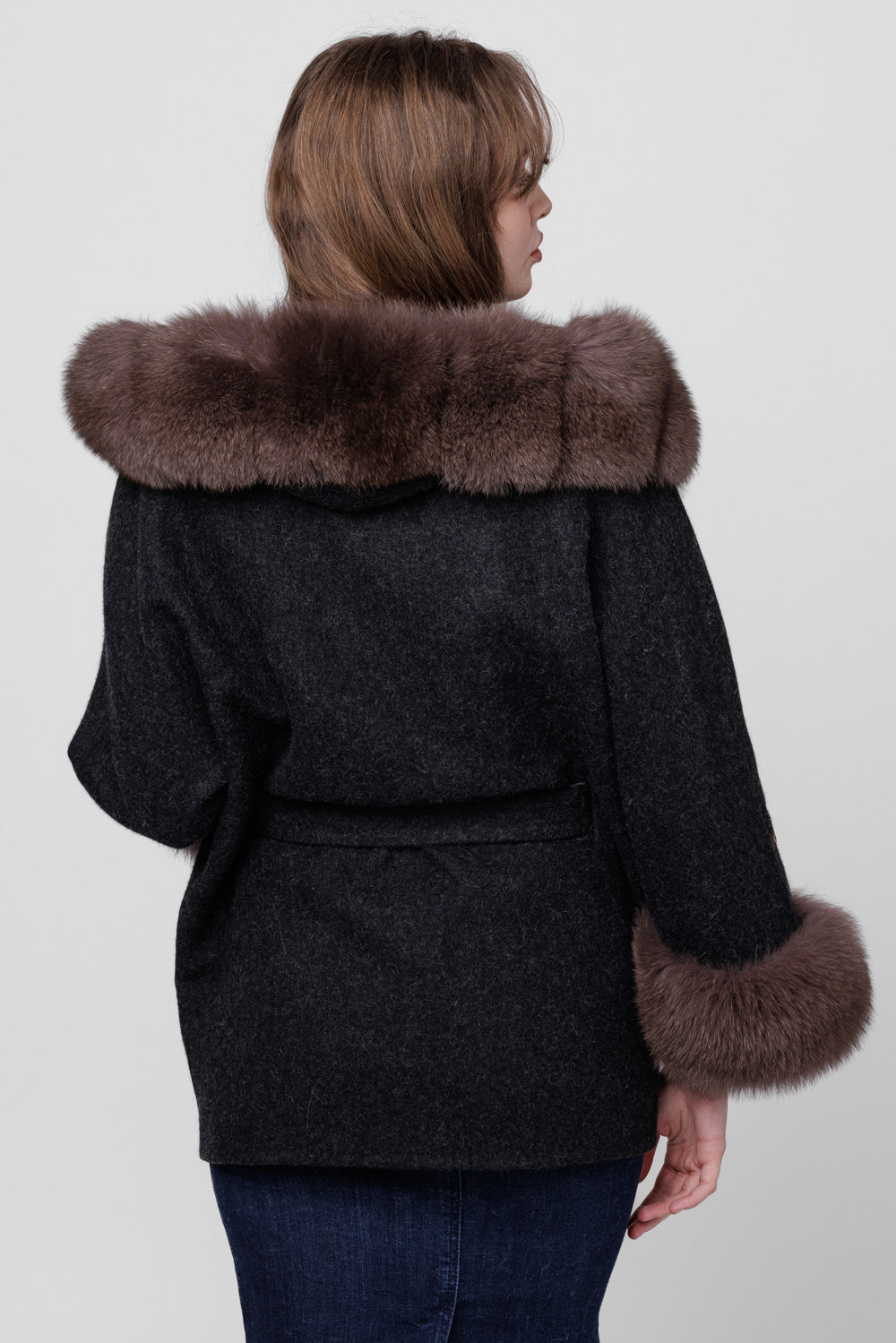 Palton din Lână Alpaca și Blană Naturală din Vulpe, cu Glugă, model Oversized, Femei, Sable 292