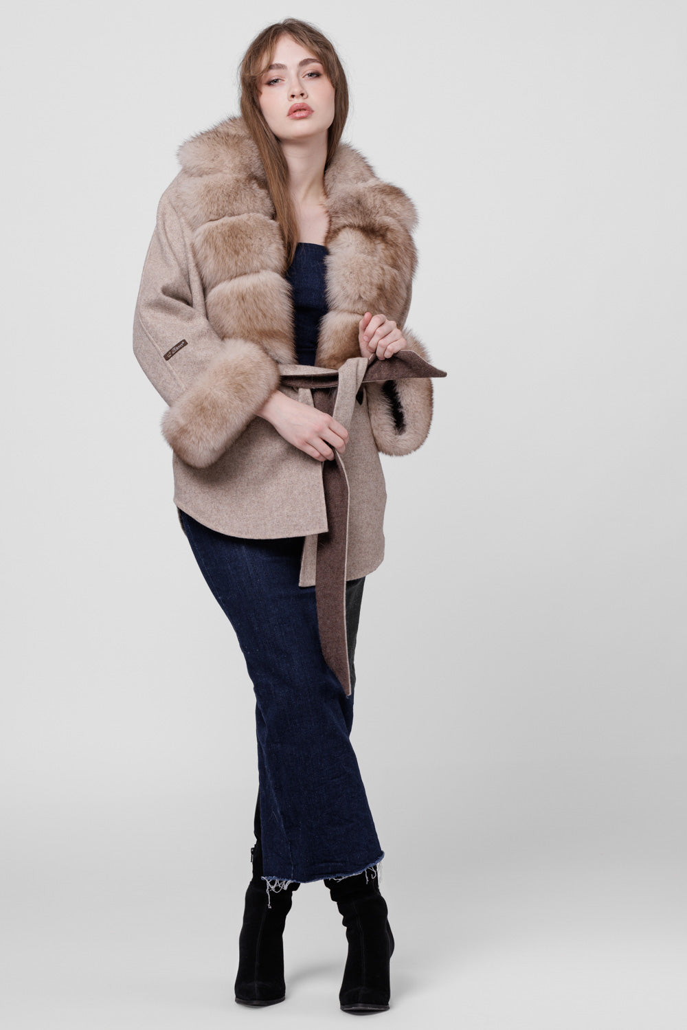 Alpaca Wool and Natural Fox Fur Coat, Oversized model, Women, Taupe 297