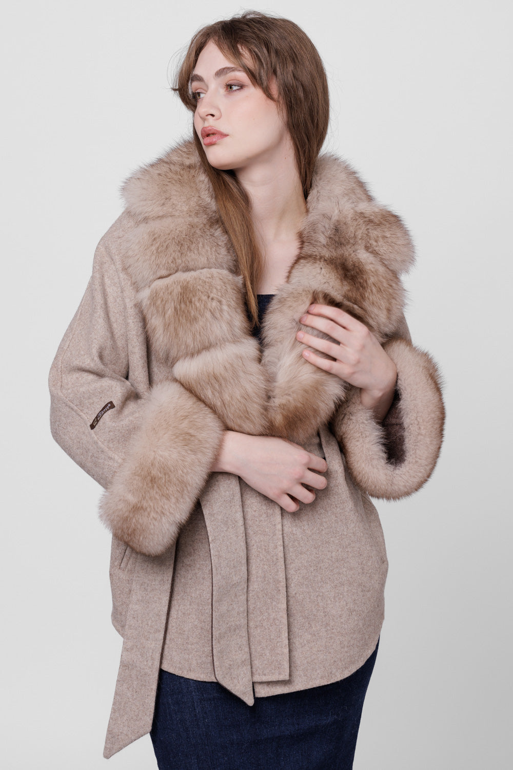 Alpaca Wool and Natural Fox Fur Coat, Oversized model, Women, Taupe 297
