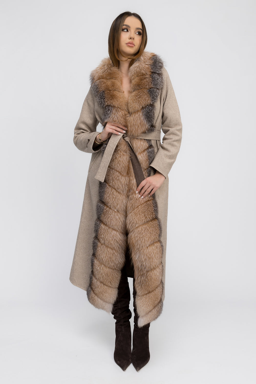 Palton din Lână Alpaca cu Blană Naturală de Vulpe, Femei, Amber Frost 449