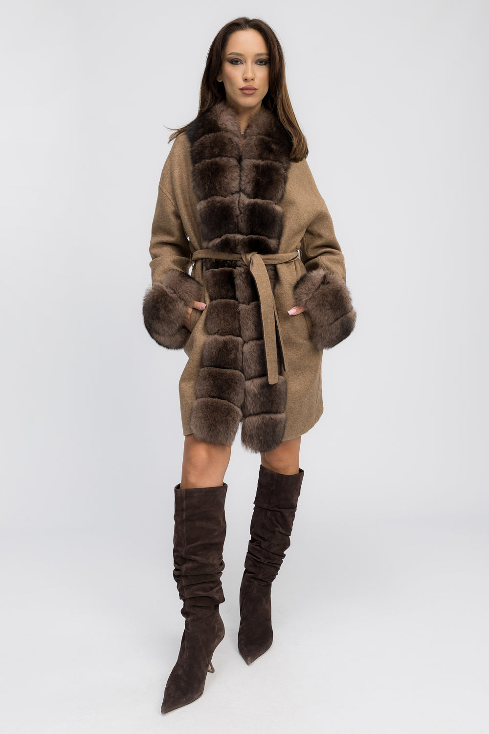 Palton din Lână Alpaca cu Blană Naturală de Vulpe, Femei, Truffle Glow 451