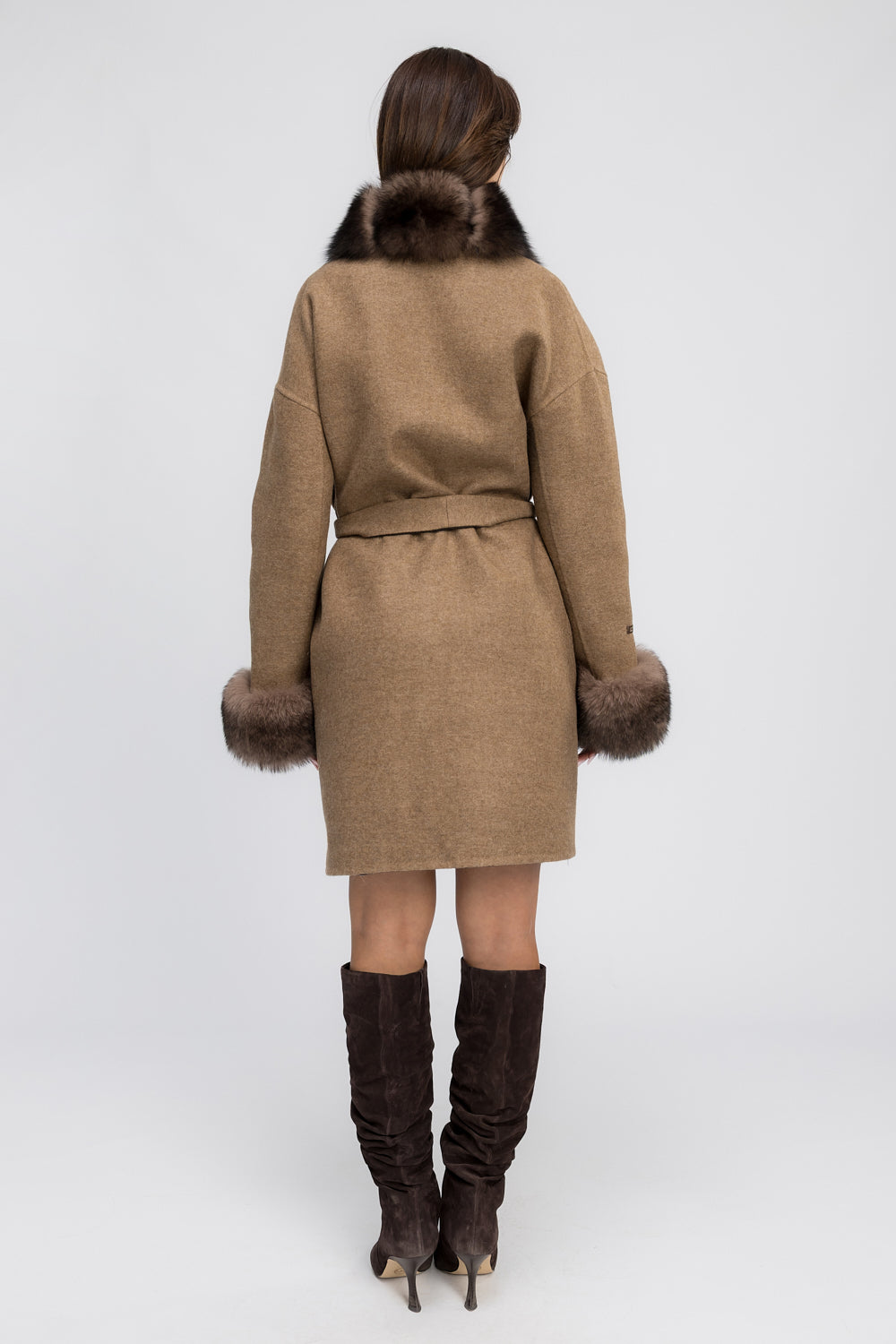 Palton din Lână Alpaca cu Blană Naturală de Vulpe, Femei, Truffle Glow 451