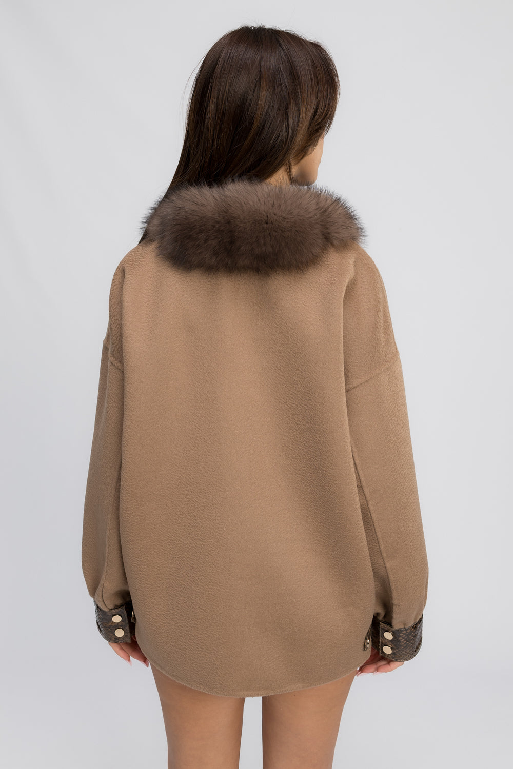 Palton din Lână cu Blană Naturală de Vulpe și Accente din Piele Piton, Femei, Mocha Luxe 450