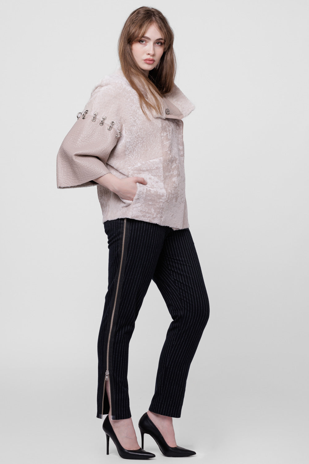 Poncho din Piele si Blană Naturală Shearling, Femei, Pearl 300