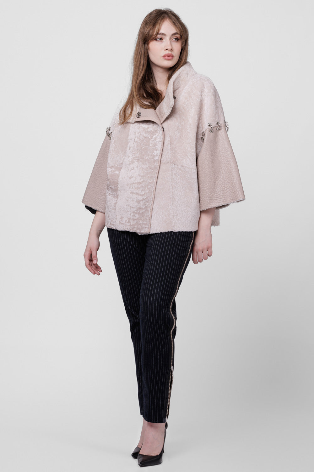 Poncho din Piele si Blană Naturală Shearling, Femei, Pearl 300