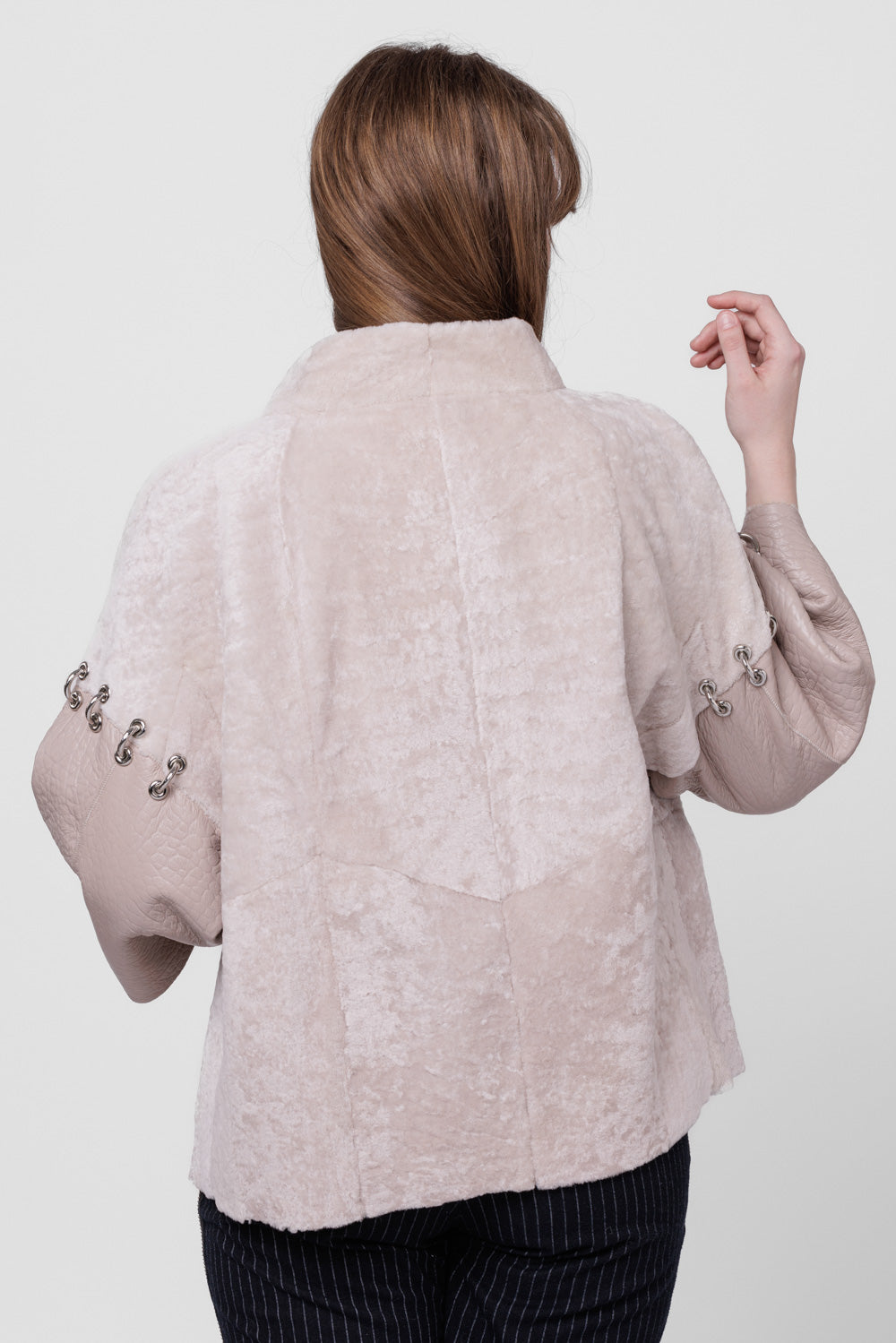 Poncho din Piele si Blană Naturală Shearling, Femei, Pearl 300