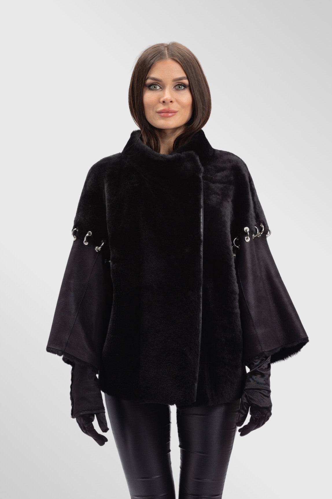 Poncho din Piele si Blană Naturală Shearling, Femei, Obsidian 299