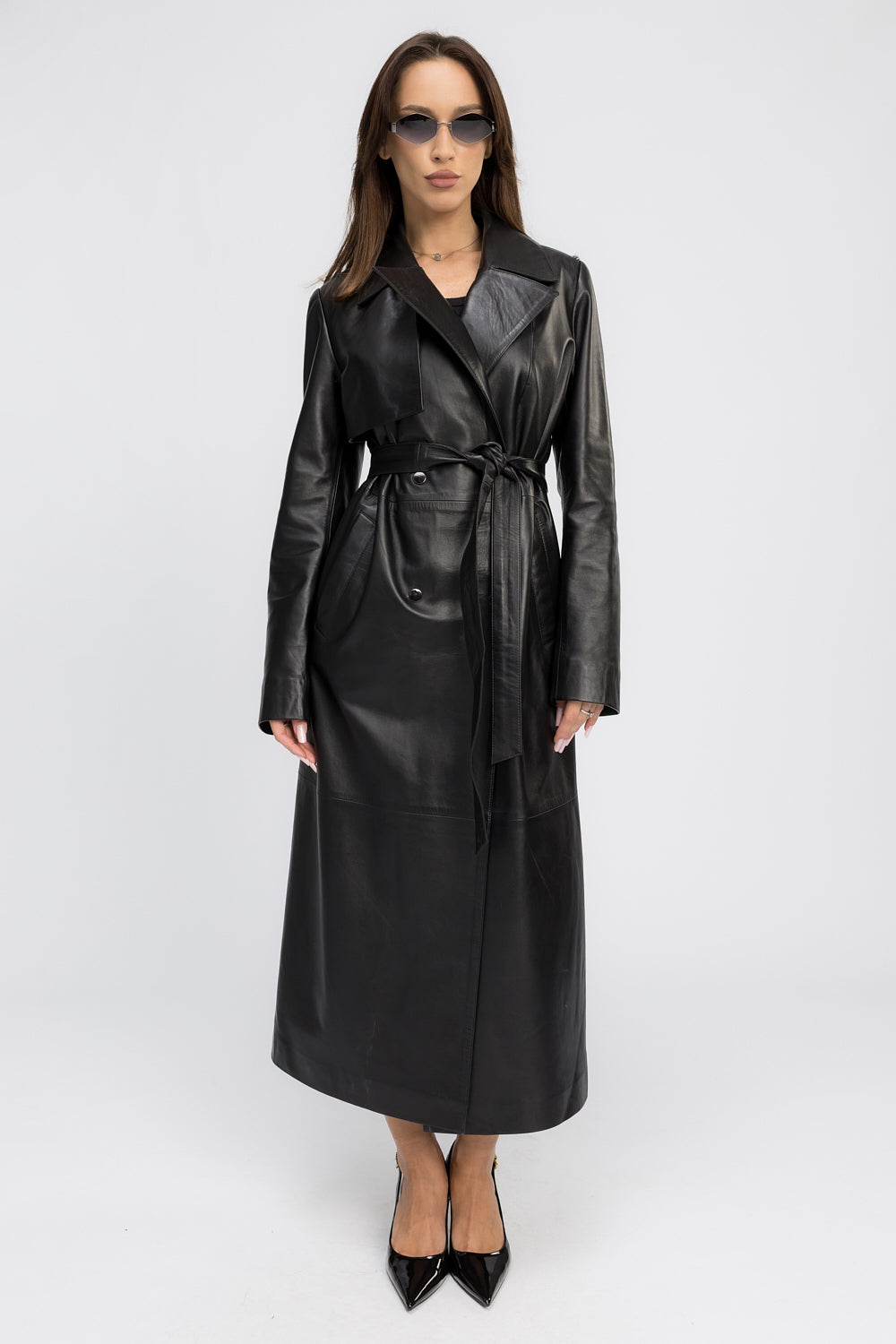 Trench din Piele Naturală, cu Guler Rever și Cordon, Femei, Obsidian Black 440